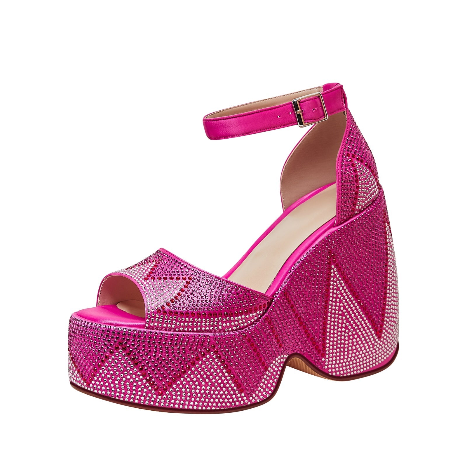 Hot Pink Rhinestone Open Toe Wedge Sandals-2