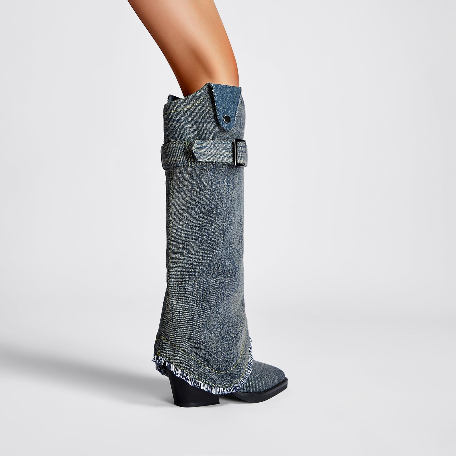 Washed Out Denim High Boots with Detachable Sleeves-2