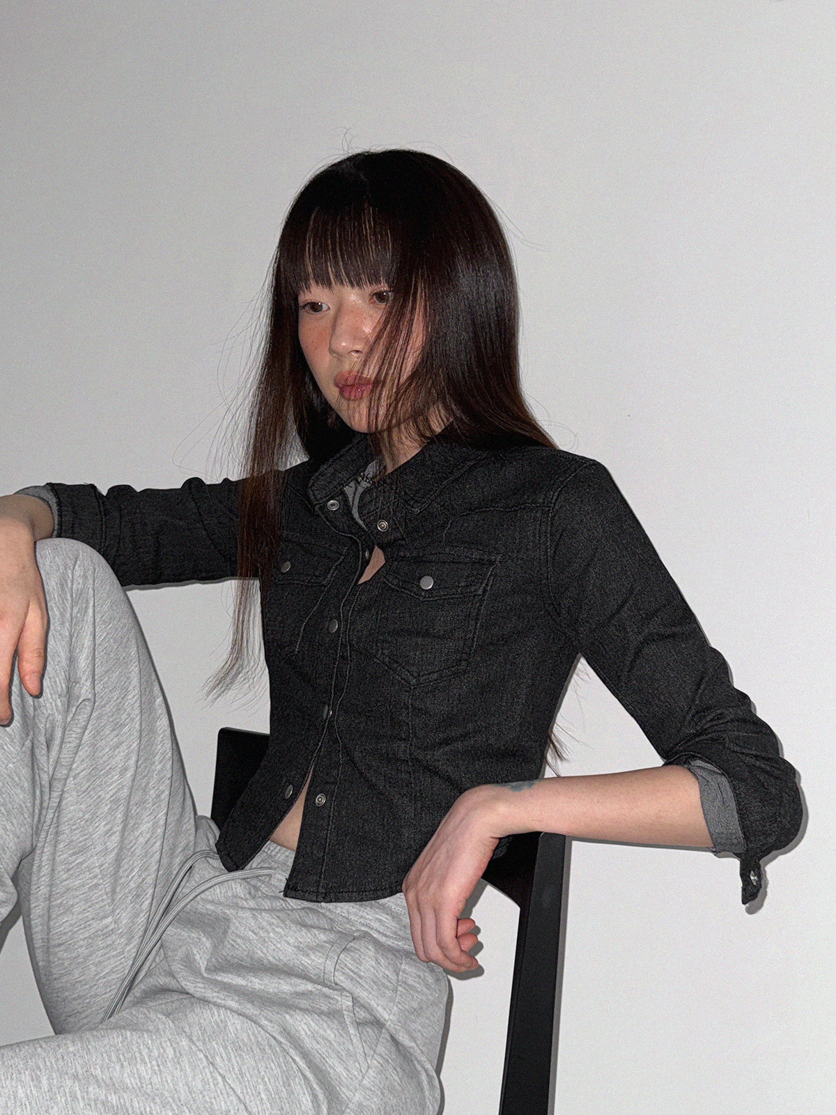 Button Crop Denim Long-Sleeve Shirt  Chikkuz  n/a.