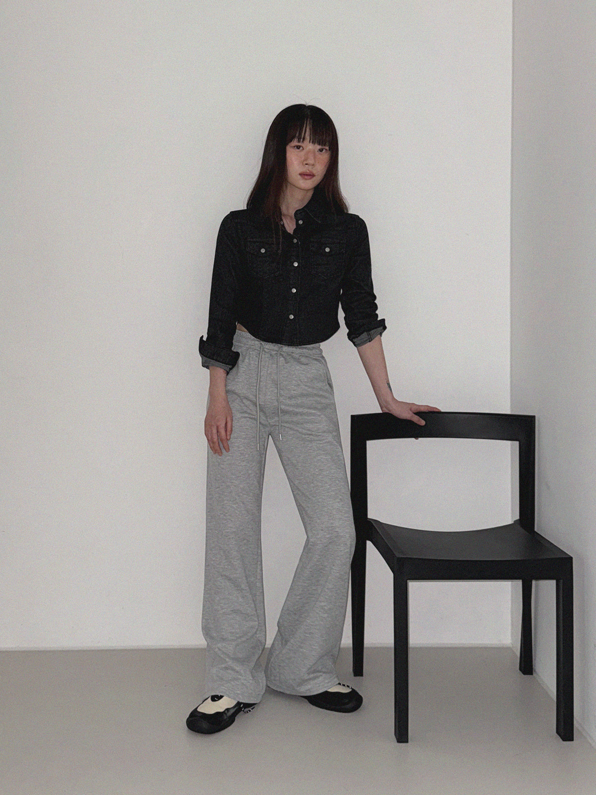 Button Crop Denim Long-Sleeve Shirt  Chikkuz  n/a.