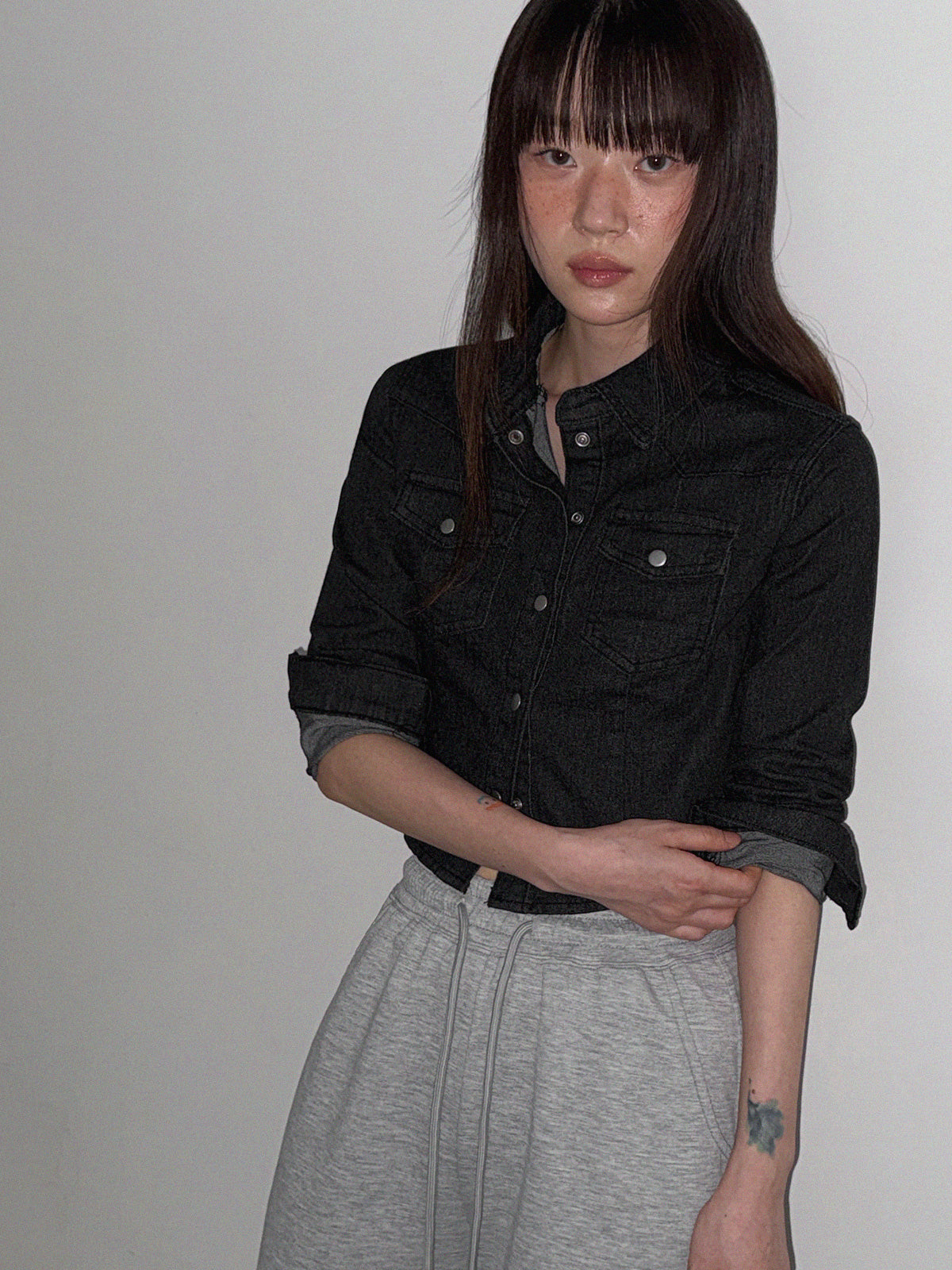 Button Crop Denim Long-Sleeve Shirt  Chikkuz  n/a.