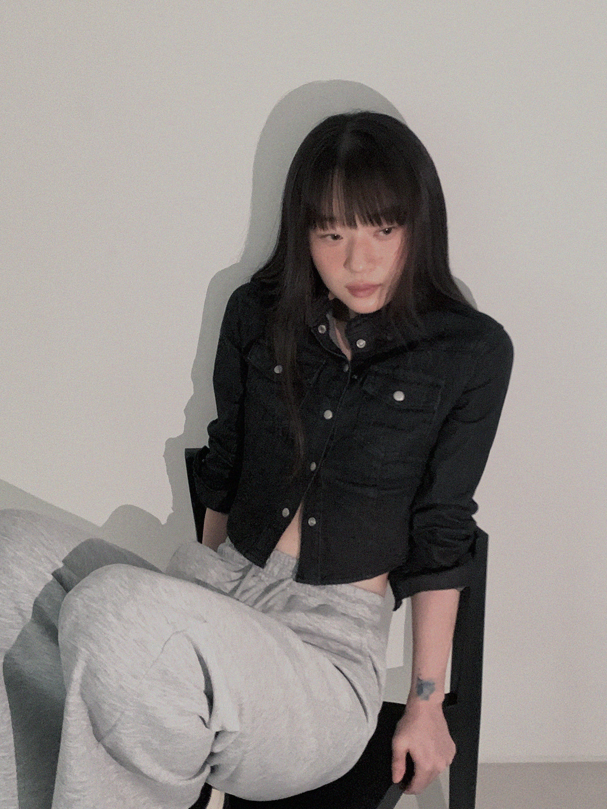 Button Crop Denim Long-Sleeve Shirt  Chikkuz  n/a.