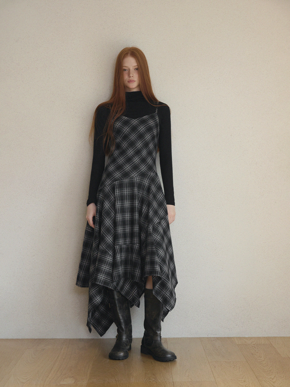 Drea Check Asymmetrical Sleeveless Long Dress  Chikkuz  n/a.