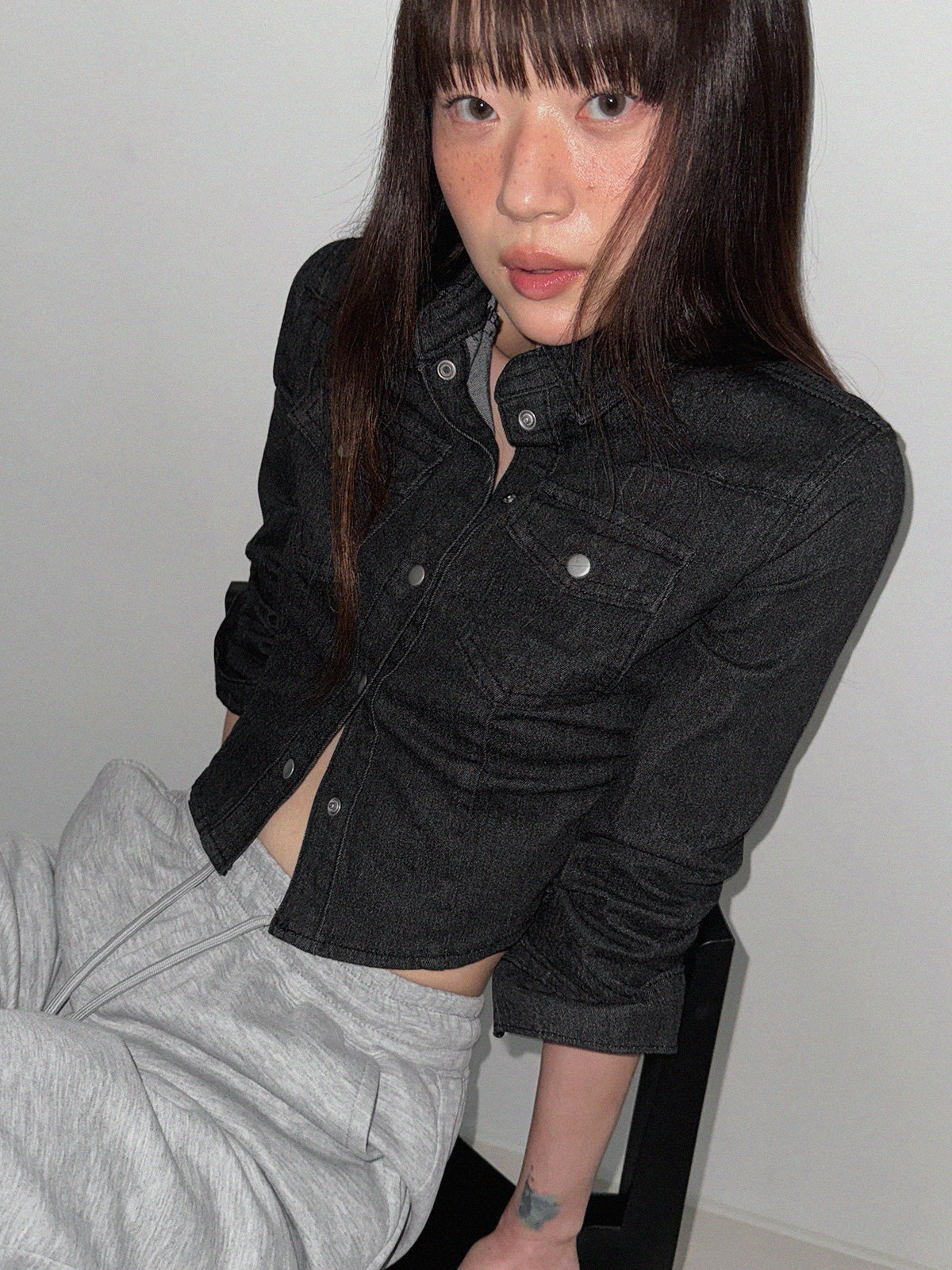 Button Crop Denim Long-Sleeve Shirt  Chikkuz  n/a.